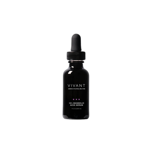 1 fl oz black bottle of Vivant 15% Mandelic Acid Serum on white background